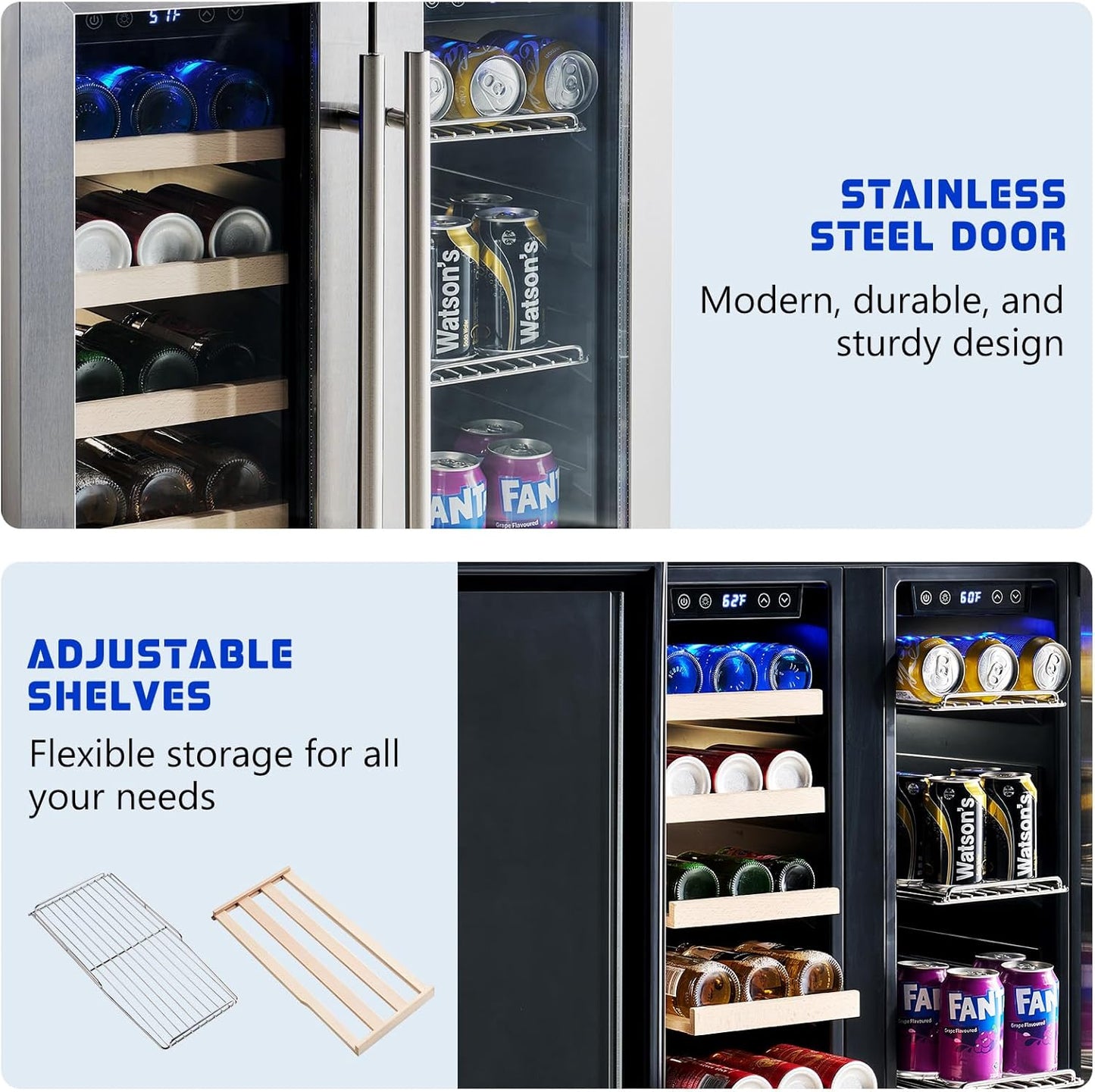 Albott Beverage Refrigerator - 24-Inch Dual Zone Cooler with Glass Door, Freestanding/Under Counter Wine and Beer Fridge, Holds 20 Bottles & 78 Cans, Ideal for Kitchen, Bar, Office, 34-64℉ & 41-68℉
