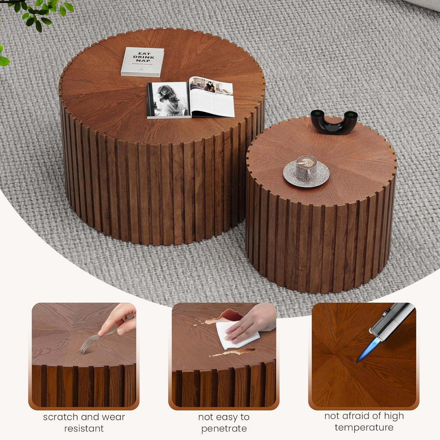 Round Nesting Coffee Table Set of 2 Handcraft Circle Fluted Nesting Coffee Tables Circular Side Table Drum Accent End Tables for Living Room Bedroom (Brown Small)