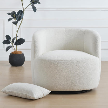 KINWELL 34" Wide Sherpa Swivel Barrel Chair, No Assembly Round Boucle Upholstered Accent Chair Armchair Single Sofa Chair with Toss Pillow for Living Room and Bedroom, Beige