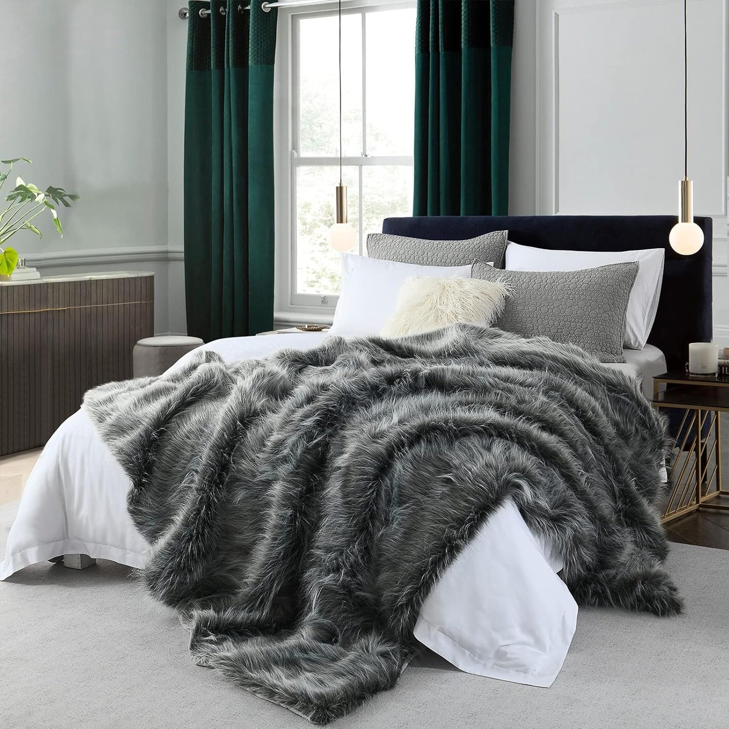 Luxury Faux Fur Blanket Queen Size, Ultra Big Grey and Black High Pile Mixed Faux Fur Throw, Oversized Super Warm, Fuzzy, Elegant, Fluffy Decoration Throw Blanket for Sofa, Couch and Bed, 90''x 90"