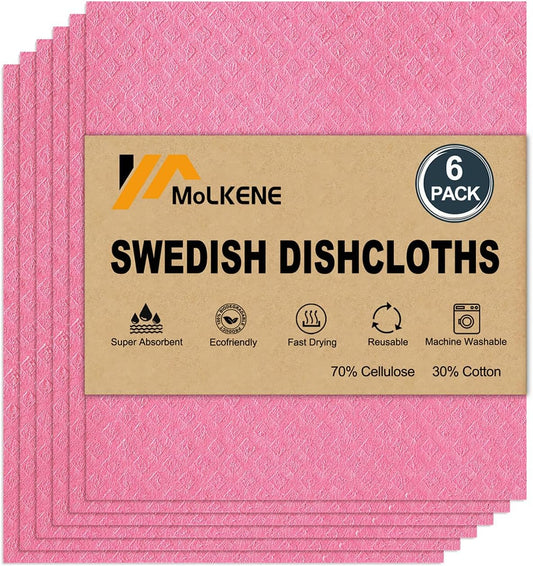 Swedish Dishcloths for Kitchen | 6 Pack Absorbent Cellulose Sponge Cloths Washable | Non-Scratch