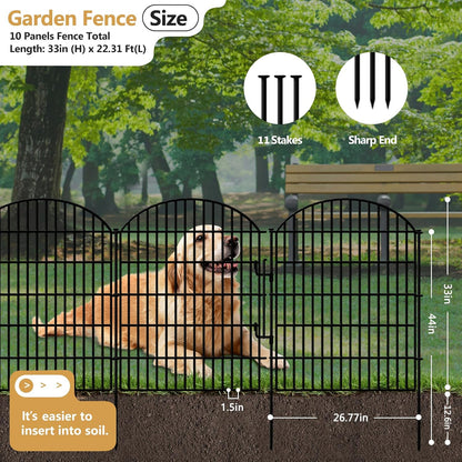 10 Panels Decorative Garden Fencing with Lock, 33in (H) x 21.92ft (L) No Dig Dog Fence Outdoor for Yard, Animal Barrier Rustproof Metal Temporary Panel Border for Rabbit, Dog and Patio Camping