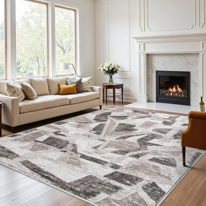 Modern Abstract 8X10 Area Rug for Living Room Bedroom Washable, with Non-Slip Rubber Backing Print Faux Wool Thin, Grey Throw Large Carpet for Kids Playroom Dining Room Pet & Child Friendly