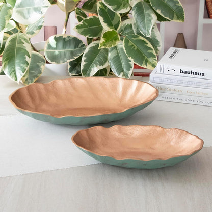 ANDALUCA Set of 2 Turquoise Copper Finish Metal Decorative Oval Bowls for Potpourri, Table Decor