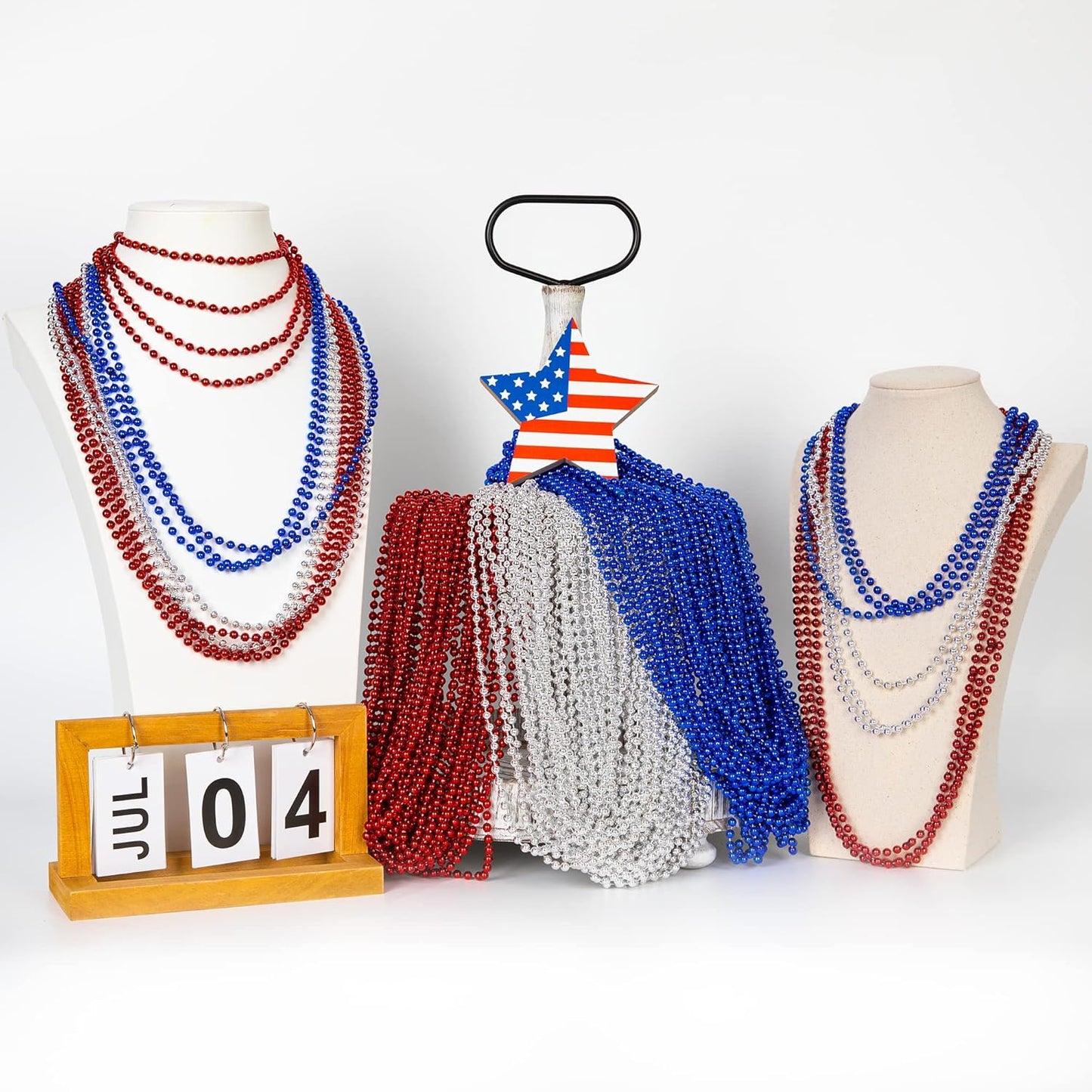 4th of July Necklace Party Favors, 50PCS 4th of July Round Beads Necklace Bulk, Fourth of July Red Blue Silver Necklace, Independence Day Beads Bulk for Patriotic Parade Party Celebration Favor Decor