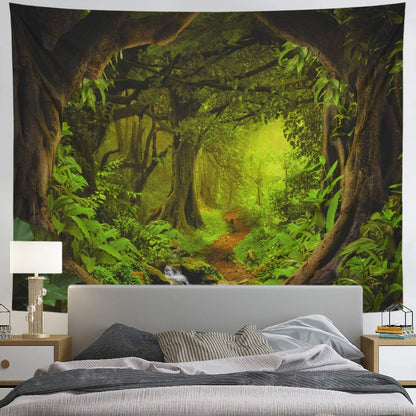 Tushelia Forest Nature Tapestry - Tree Cave Wall Hanging, Misty Forest Stream Through Rainforest Landscape, Jungle Creek Psychedelic for Living Room
