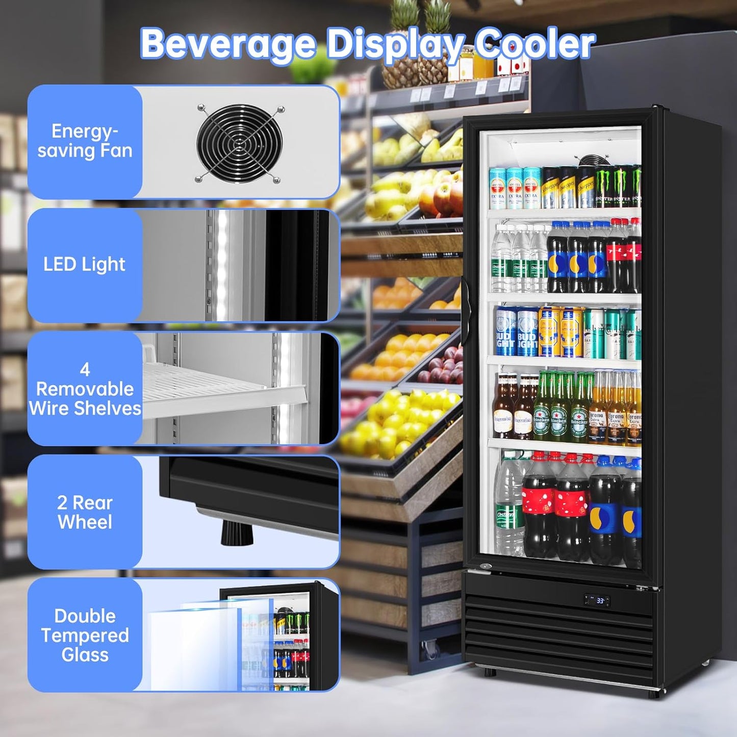 Commercial Beverage Refrigerator, 24.5 Inch 15 Cu. Ft. Drink Fridge, Display Refrigerator with Glass Door, Commercial Display Fridge with 4 Adjustable Shelves, for Shops, Restaurants, Bars