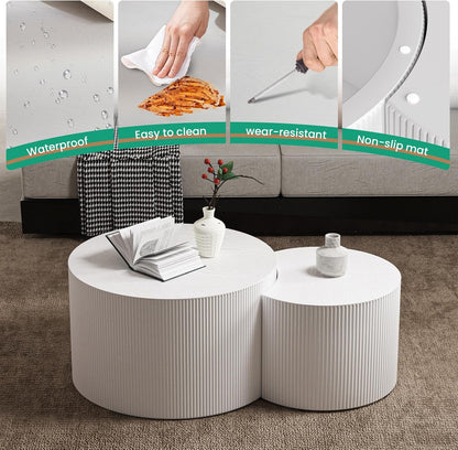 Round Nesting Coffee Table Set of 2 Handcraft Circle Fluted Nesting Coffee Tables Circular Side Table Drum Accent End Tables for Living Room Bedroom (White B Small)