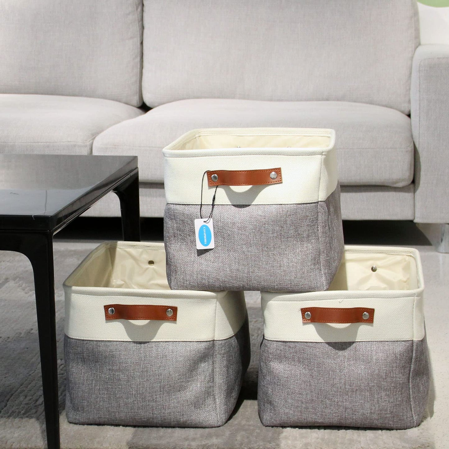 Casaphoria 3Pcs Collapsible Cube Fabric Storage Baskets with Handles,Foldable Canvas Storage