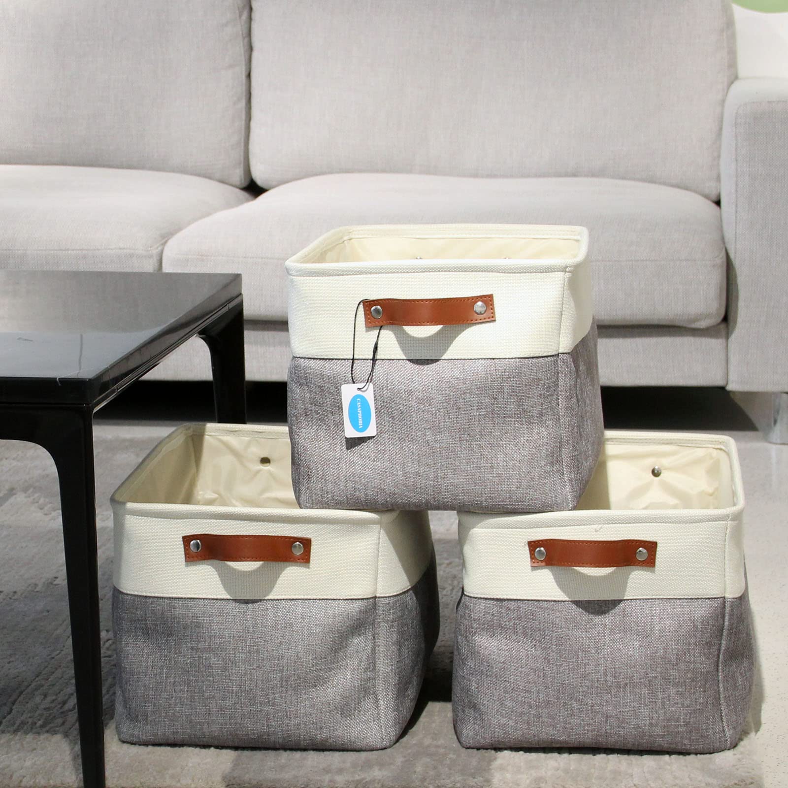 Casaphoria 3Pcs Collapsible Cube Fabric Storage Baskets with Handles,Foldable Canvas Storage