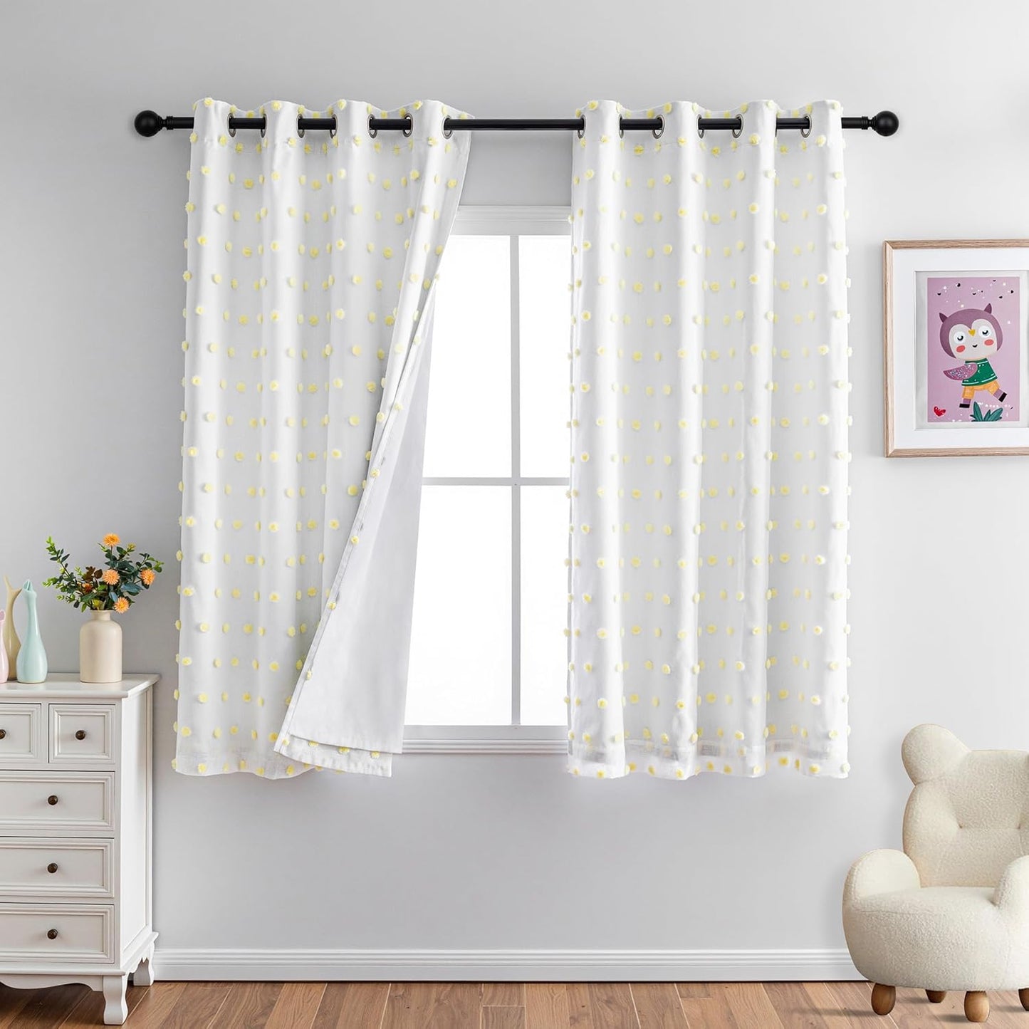MYSKY HOME 100% Blackout Curtains for Nursery Thermal Insulated Yellow Pom Pom Curtains 63 Inch Length for Girls Bedroom 2 Panels Grommet White Sheer Curtains for Kitchen Dining Room, 52W x 63L
