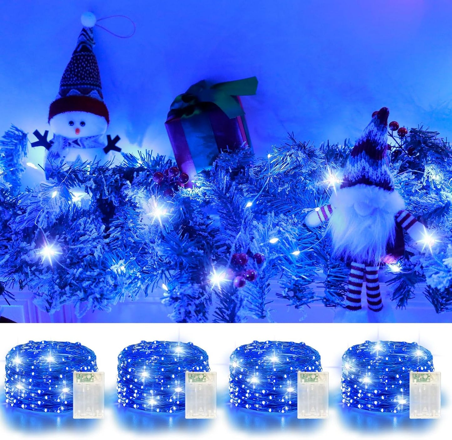 4 Pack 60LED Christmas Fairy Lights Battery Operated - 20FT Twinkle Lights with 2 Lighting Modes Indoor Outdoor, Waterproof Led Fairy String Lights for Bedroom, Classroom, Dorm, DIY Decor, Blue