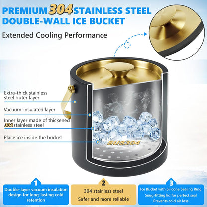 Ice Bucket, Ice Bucket with Silicone Sealing Ring Double-Wall Vacuum Insulation Champagne Buckets with Filter Layer Ice Tongs Ice Scoop (Black-Silver, 3 L)