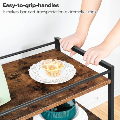 HOOBRO Bar Cart for The Home, Serving Cart with Wine Glass Hooks, Rolling Kitchen Cart with Lockable Wheels, 25.2 x 15.7 x 33.3 Inches Beverage Cart with Storage Shelves, Rustic Brown BF02TC01