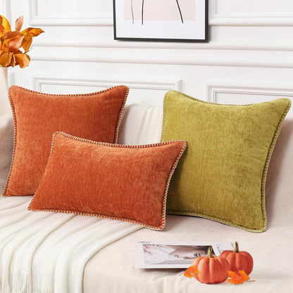 decorUhome Fall Chenille Soft Throw Pillow Covers 16x16 Set of 2, Farmhouse Velvet Neutral Decorative Euro Pillow Covers with Stitched Edge for Couch Sofa Bed Home Decor, Rust