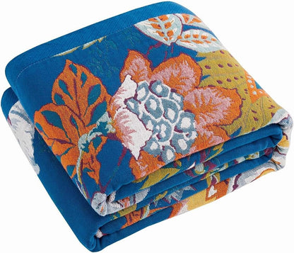 Boho Throw Blanket, Blue Lightweight Blankets for Summer, 100% Cotton Bohemian Decorative Throw Blanket, 90"x98" Reversible Muslin Breathable Woven Farmhouse Blankets Quilt,