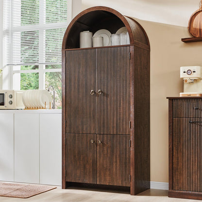 71" Tall Arched Bathroom Storage Cabinet, Modern Fluted Storage Cabinet w/Doors, 3 Adjustable Shelves, 6 Door Shelves, Wood Freestanding Cabinet for Bathroom, Entryway, Hallway, Brown