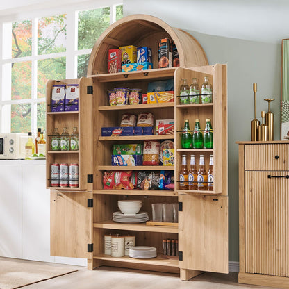 71" Tall Arched Bathroom Storage Cabinet, Modern Fluted Storage Cabinet w/Doors, 3 Adjustable Shelves, 6 Door Shelves, Wood Freestanding Cabinet for Bathroom, Entryway, Hallway, Natural