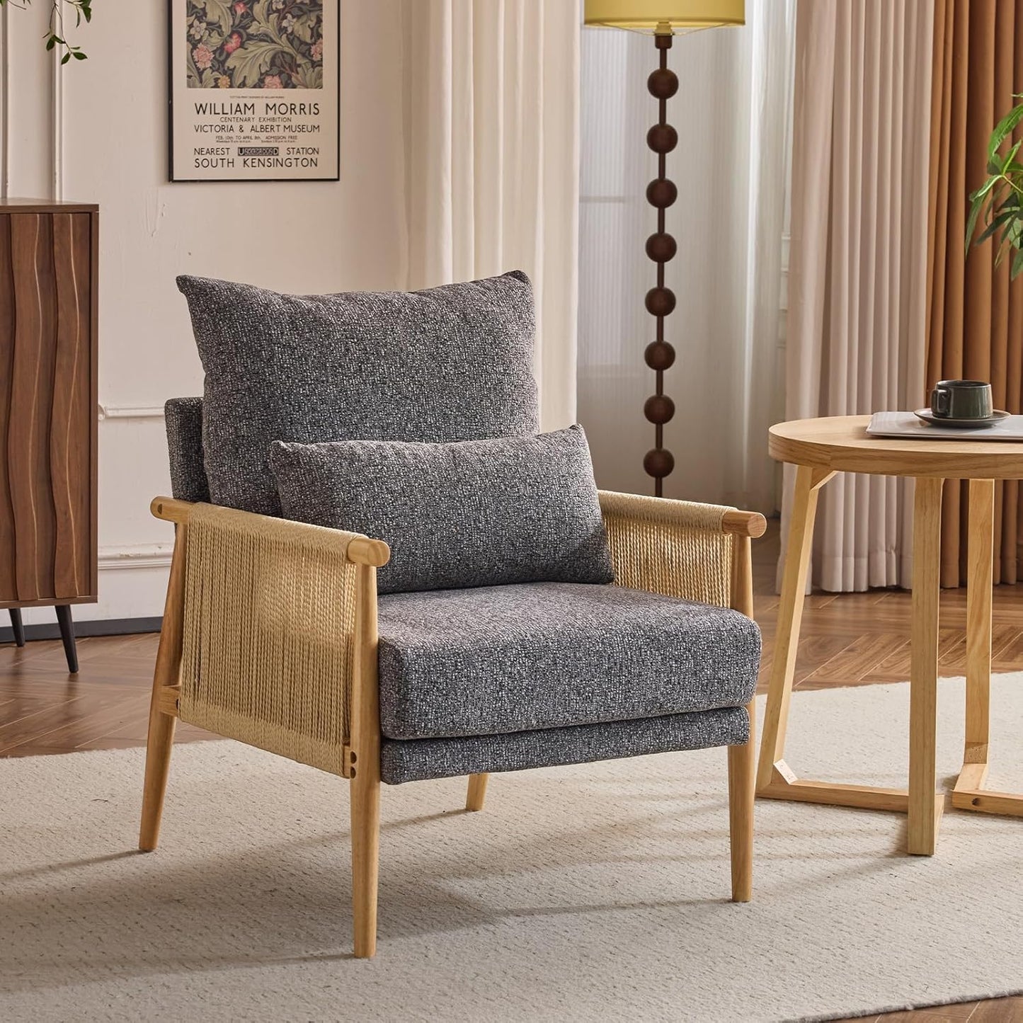 VINGLI Boho Braid Accent Armchair,Mid-Century Modern Chiar with Solid Wooden Armrest,Comfy Louge Cushion Chair with Waist Pillow for Bedroom,Living Room,Reading Room, Gray