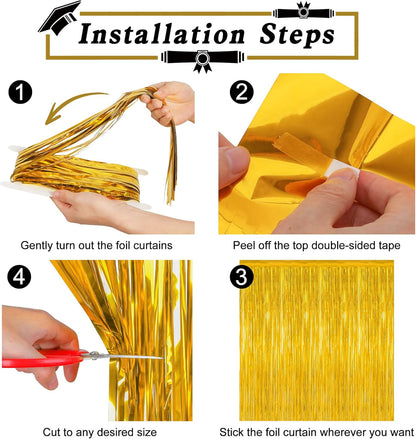 8 Pack 2025 Graduation Party Decorations, 3.28 FT x 7.05 FT Gold Backdrop, Metallic Graduation Photo Backdrop Grad Foil Curtains Party Streamer, Class of 2025 Decorations Grad Decor