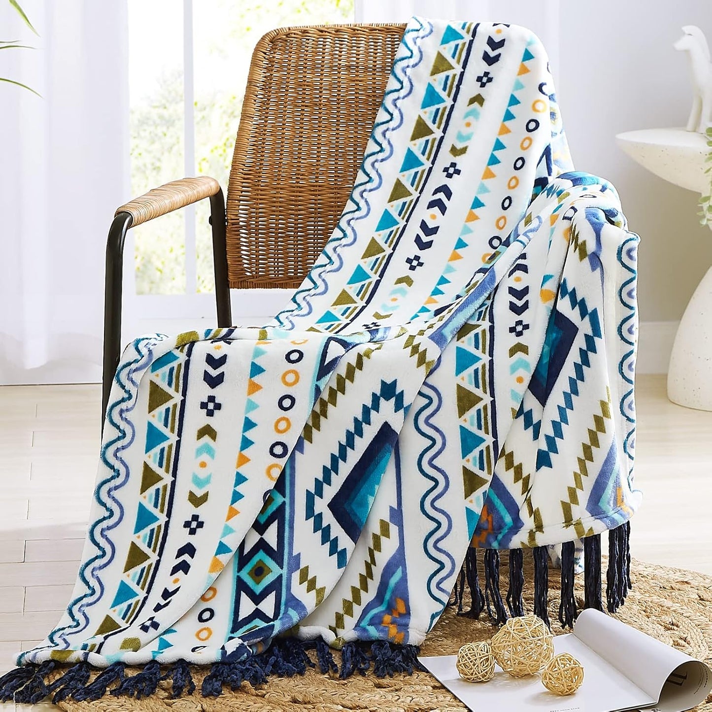 CASAAGUSTO Boho Throw Blanket - Blue and White Decorative Blankets with Tassel, Printed Flannel Bohemian Blanket for Chair, Bed, Sofa, Couch(50 * 60, Blue and White)