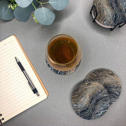 Emerson Coasters for Drinks Absorbent – Natural Stone Drink Coasters Set with Holder, Coasters for Coffee Table, Wooden Tabletop Protection Marble Style – 100% Heavy Duty Set of 6 (Lava)