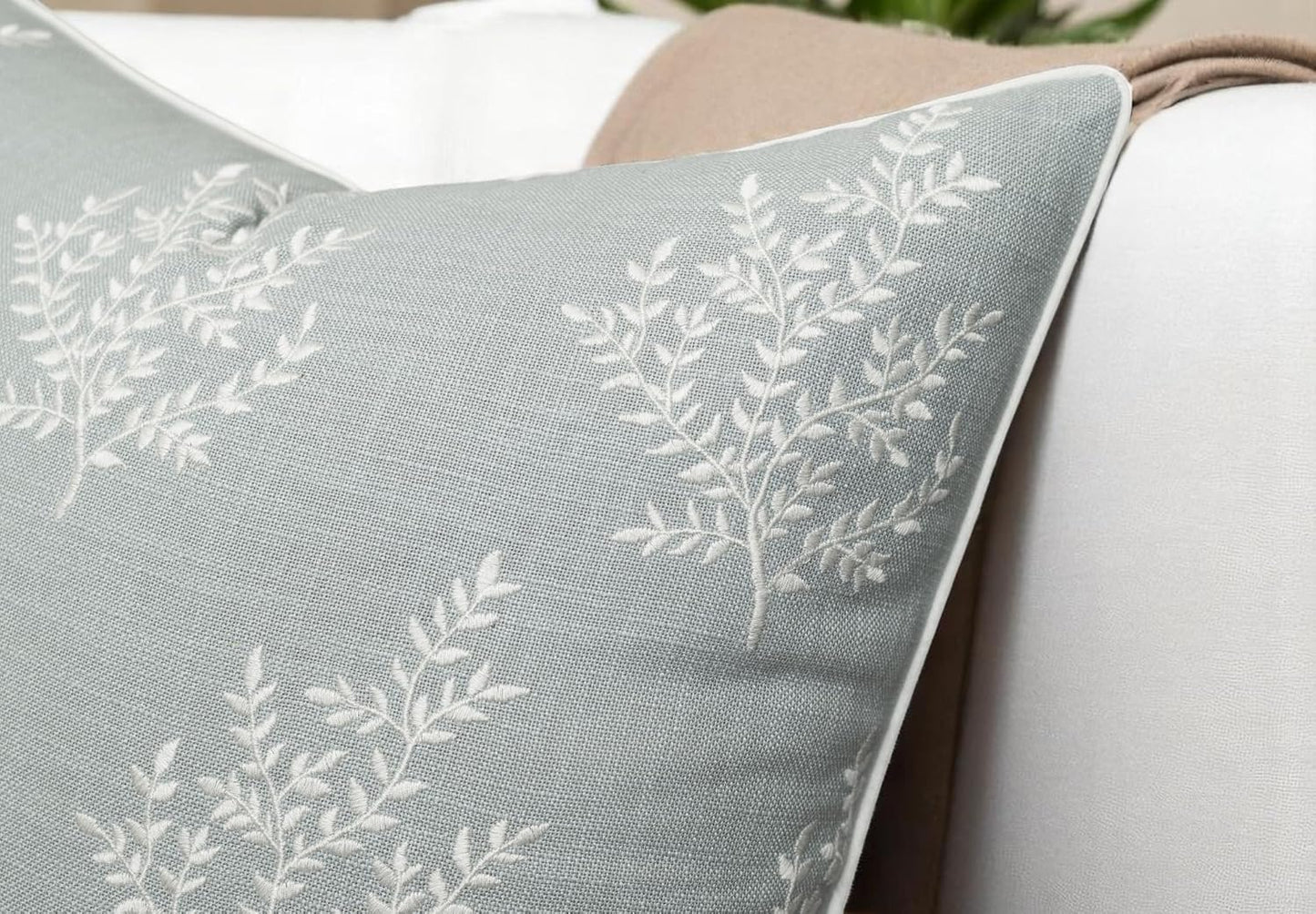 VAGMINE Embroidered Leaves Throw Pillow Cover - 20x20 Inches Square - 100% Cotton Robins Egg Cushion Cover - Textured Embroidery - Chic Coastal Home Accent for Sofa, Lounge, Farmhouse Decor