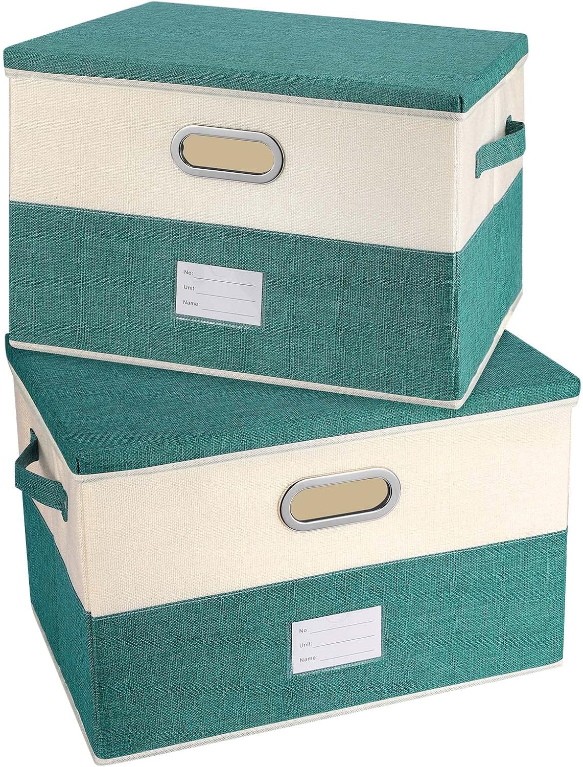 Large Linen Fabric Foldable Storage Bins with Removable Lid and Handles, Washable Storage Box Organizer Containers Baskets Cube with Cover for Bedroom,Office (Turquoise&Cream, Large(2-Pack))