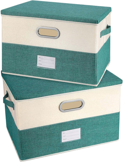 Large Linen Fabric Foldable Storage Bins with Removable Lid and Handles, Washable Storage Box Organizer Containers Baskets Cube with Cover for Bedroom,Office (Turquoise&Cream, Large(2-Pack))