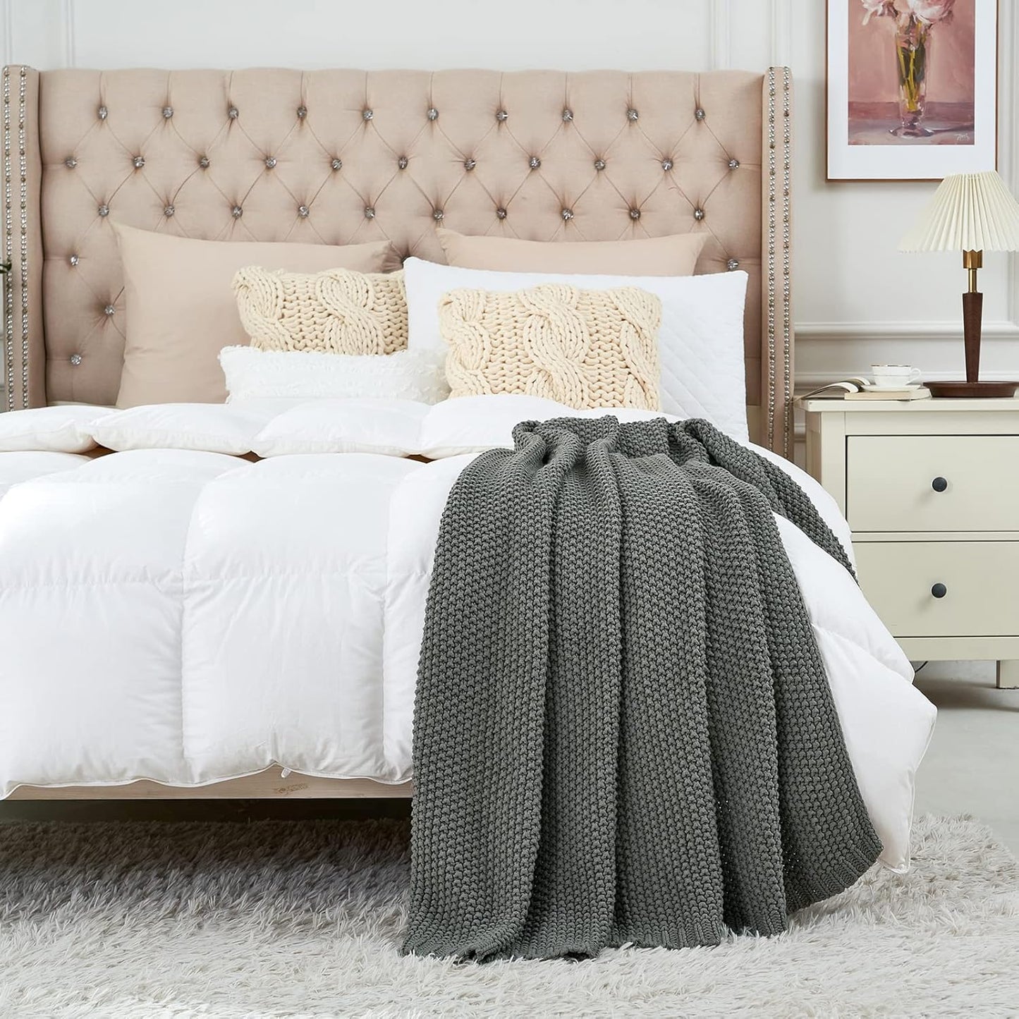 Longhui bedding Chunky Cable Knit Throw Blanket Lightweight Grey 100% Organic Cotton Blanket for Sofa Couch Bed Baby Nursery, Rustic Shabby Chic Modern Farmhouse, Gray 51” x 63” Give Laundering Bag