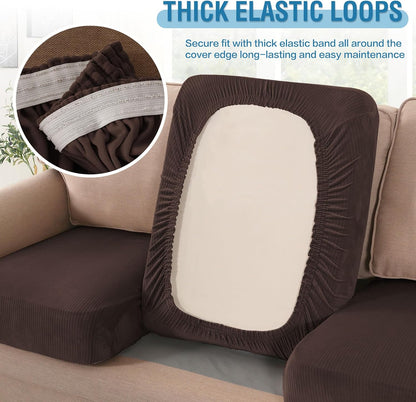 H.VERSAILTEX Velvet Stretch Couch Cushion Cover Plush Cushion Slipcover for Chair Loveseat Sofa Cushion Furniture Protector Seat Cushion Sofa Cover (3 Piece Sofa Cushion Covers, Brown Striped)
