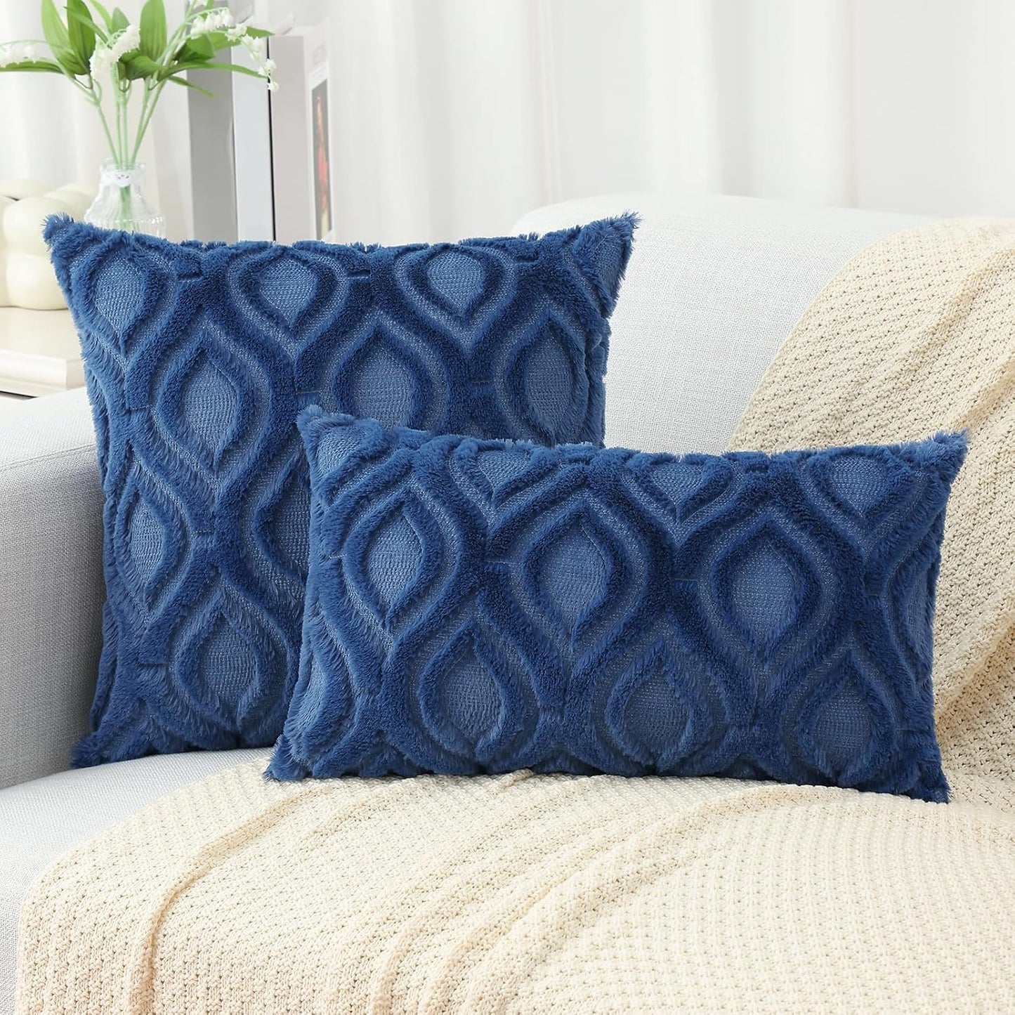 decorUhome Fall Throw Pillow Covers 16x16 Inch Set of 2, Soft Plush Decorative Faux Fur Dark Blue Solid Couch Pillow Covers, Accent Farmhouse Neutral Square Euro Pillow Cases for Sofa Bed Living Room