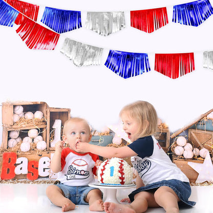 Blue Red Silver Tassel Banner Metallic Fabric Pennant Bunting Flag for 4th of July American USA National Day Patriotic Veterans Graduation Wedding Birthday Retirement Nautical Party Decorations
