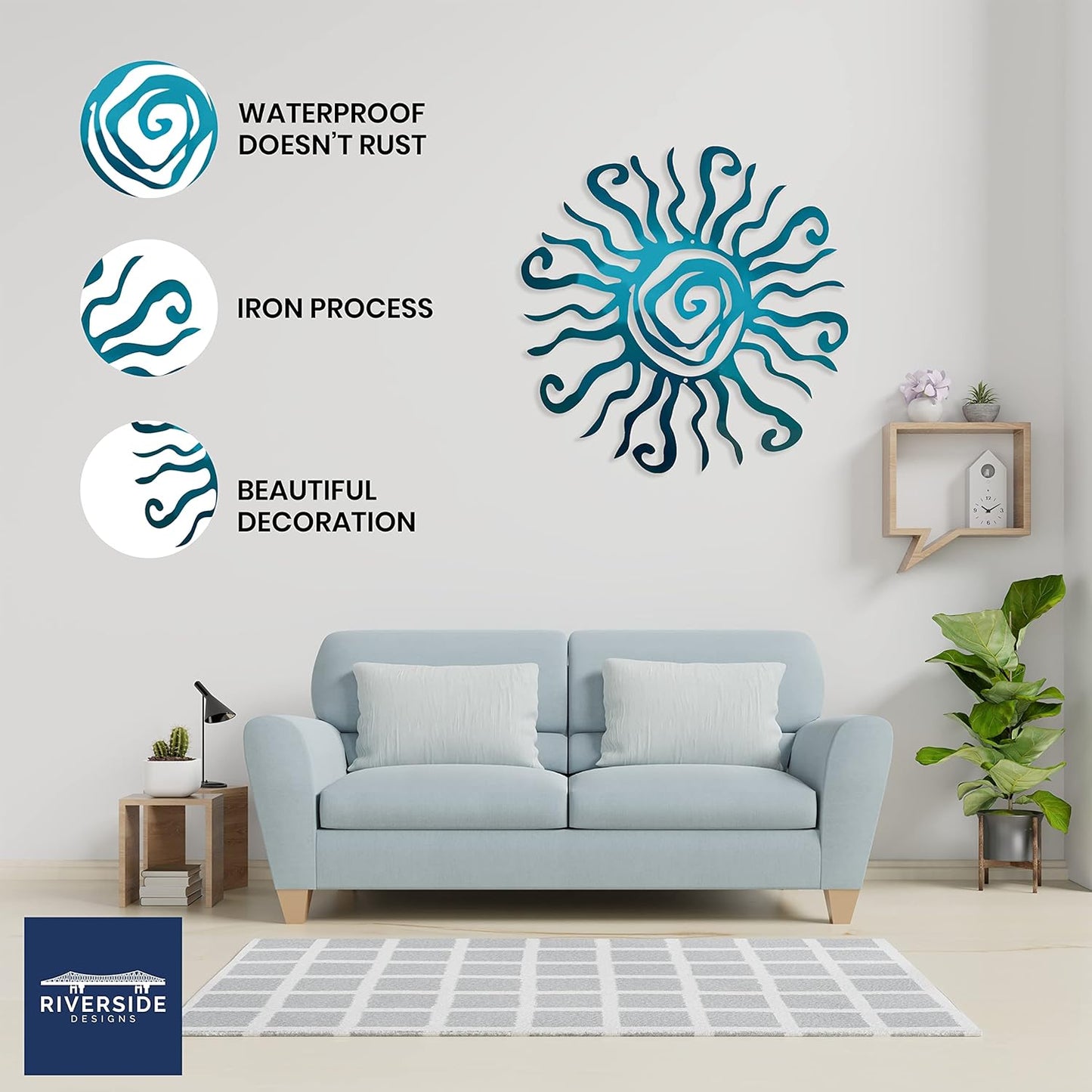 Wacky Sun Metal Wall Art Indoor/Outdoor Decor - 18" Teal Rust Proof Wall Sculpture - Made in USA - Ideal for Bedroom, Garden, Home, Patio and Farmhouse