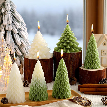 6 Pcs Christmas Tree Shaped Candles Xmas Wax Scented Candles White Green Decorative Christmas Tree Gifts for Xmas Eve Winter Holiday Party New Year Bedroom Room Table Decor, 3 Assorted Styles