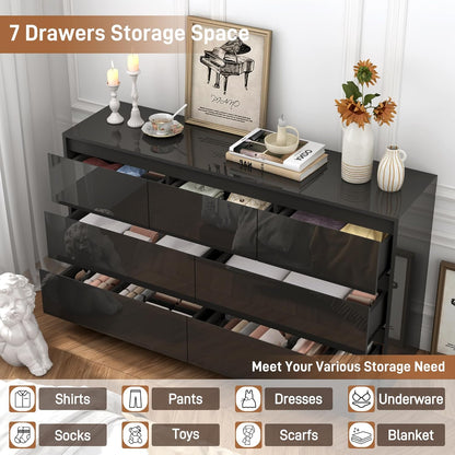 Black Malm Dresser for Bedroom, 55 Inch Long High Gloss Dresser with 7 Drawers, Modern Large Wood Chest of Drawer Handle Free, Living Room, Entryway, Hallway, Black