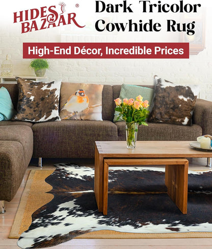 Natural Cowhide Rug for Home & Office Premium Dark Tricolor Cowhide Rug with Unique Dark Brown, Black & White Patterns- Cow Hide Rugs Made with Tanned Leather - Cow Hide Rugs 6x7-8 ft