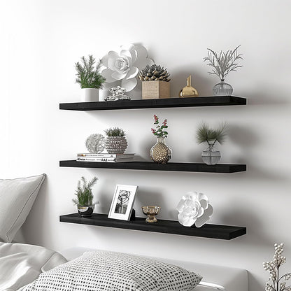 Wood Floating Shelves for Wall Decor, Rustic Wall Shelves for Bedroom Bathroom Kitchen Living Room, Set of 4 Black 36 Inch