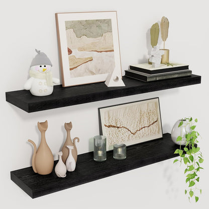 Fun Memories Floating Shelves for Wall, 27.5" Rustic Wood Deep Wall Mounted Shelves with Invisible Brackets for Decor & Storage, Floating Shelf for Living Room, Bathroom (Black, Set of 2)
