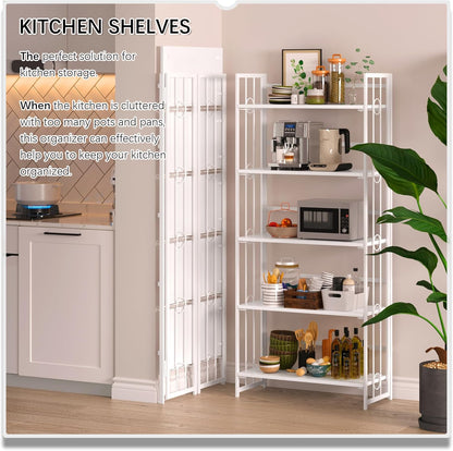 4NM No Assembly 5 Tiers Folding Bookshelf, 59.4" H Foldable Storage Shelves Vintage Bookcase Standing Racks Study Organizer Home Office - All White