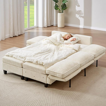 110" Modular Sectional Sofa, Convertible Sleeper Sofa Couch Bed with Adjustable Backrest, U-Shaped Chenille Cloud Couch with Ottoman Storage, Deep Seat Couches for Living Room,Beige