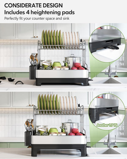 BOOSINY Extra Large Stainless Steel Dish Drying Rack, 2 Tier Dish Racks for Kitchen Counter, Dish Drainer with Drainboard Set, Full Size Dish Dryer Rack with Utensil Holder, Black