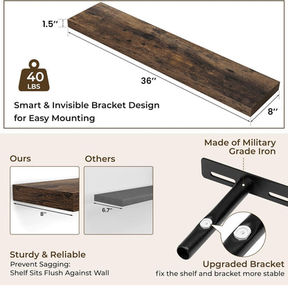 RICHFOCUS 36Inch Floating Shelves for Wall 2 Pack Shelves for Bedroom|Kitchen|Bathroom Wall Mounted Rustic Wood Floating Shelf with Invisible Brackets for Books|Storage|Decor, Rustic Brown