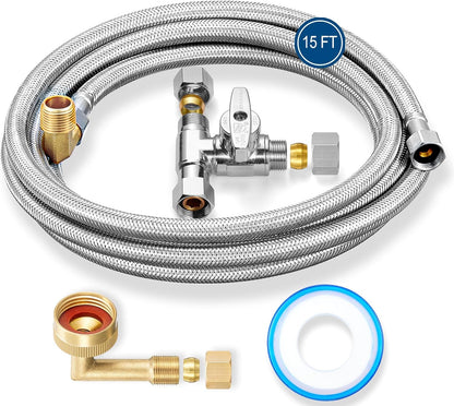Dishwasher Installation Kit - 15 FT Stainless Steel Braided Dishwasher Hose kit,Food Grade PEX Inner Tube Dishwasher Water Line with 3/8"x3/8"x3/8" Tee Stop Valve,3/8"x3/8"MIP Elbow,3/8"x3/4"FHT Elbow