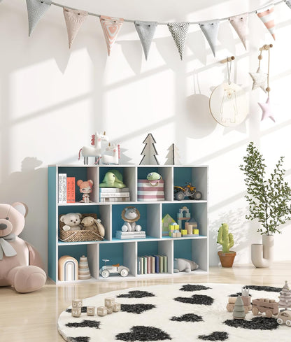 11-Cube Blue Kids Bookshelf and Toy Organizer – Wooden Storage Shelf for Boys Bedroom, Open Cube Bookcase for Toddlers and Playroom Organization