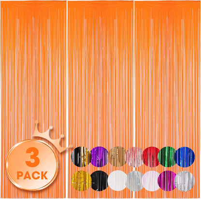 3 Pack 3.3x8.2 Feet Orange Foil Fringe Backdrop Curtains, Tinsel Streamers Birthday Party Decorations, Fringe Backdrop for Graduation, Baby Shower, Gender Reveal, Disco Party