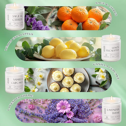 4 Pack Candles for Home Scented, Mother's Day Gifts, 28 oz Long Lasting Candles, Soy Candle Set Gift for Women - Lavender Thyme/Lemon Eucalyptus/Sage &Citrus/Vanilla Cupcake
