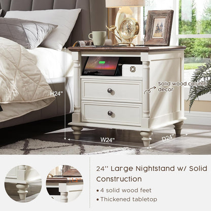 T4TREAM 24'' Farmhouse End Table w/4 Solid Wood Feet, Large 2 Drawers Wide Sofa Side Table with Charging Station, Tall Rustic Wood Square Nightstand for Living Room, Bedroom, Office, Antique White