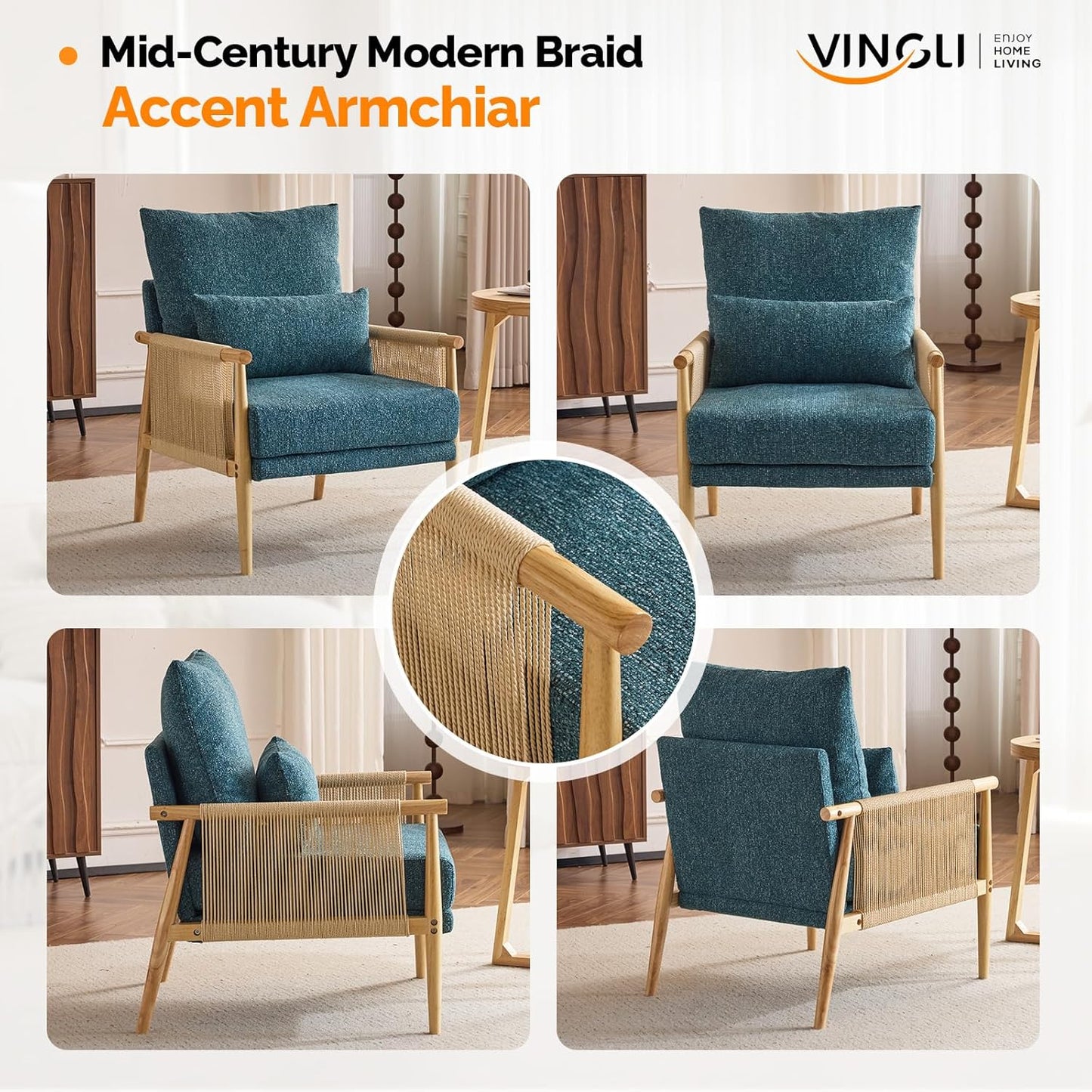 VINGLI Boho Braid Accent Armchairs Set of 2,Mid-Century Modern Chiars with Solid Wooden Armrest,Comfy Louge Cushion Chairs with Waist Pillow for Bedroom,Living Room,Reading Room, Teal