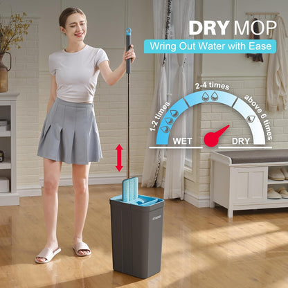 JOYMOOP Mop and Bucket Set with Wringer, Mops for Floor Cleaning, Wall Mop Cleaner with Long Handle, with 4 Reusable Microfiber Mop Pads - Grey+Cyan Blue